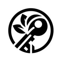 Black and white circular of a key with a leafy sprout, symbolizing nature, security and growth. vector