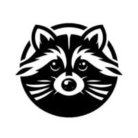 A striking black and white minimalist of a raccoon face, encapsulated within a perfect circular frame on white background. vector