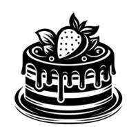 illustration of a layered cake with dripping frosting, a strawberry with leaves on top, on a plate. vector