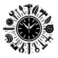 Circular clock face featuring tools and timekeeping devices, rendered in a bold, monochrome style. vector