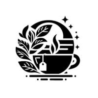 A stylized, monochrome illustration depicting a teacup with a teabag, enveloped by a circular frame of leaves and steam, adorned with shining starlike shapes. vector