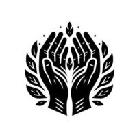 Stylized Black and White Illustration of Hands Cupping Leaves, Representing Nurturing and Growth. vector