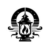 illustration of a stylized vintage lantern with a flame inside, set against a night sky arch, minimalist and elegant . vector