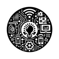 A Circular Black and White Illustration of Smart Home Technologies, Featuring Lightbulb, Circuitry, and Connected Devices. vector