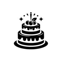 A minimalist twotiered birthday cake in bold black, adorned with cherries, leaves, sparks, and a single candle, set against a plain white background. vector