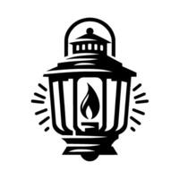 A black and white illustration of a classic lantern with a flickering flame, emanating light rays, showcasing detailed elements. vector