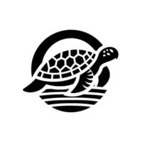 A stylized black and white of a sea turtle with a geometric patterned shell swimming above water, within a circular frame. vector