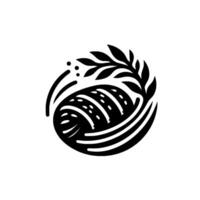 Minimalist black and white illustration of a stylized bread loaf encircled by wheat sprigs and a decorative, flowing element. vector