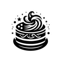Stylized Black and White Birthday Cake with Swirl Frosting, Stars, and Dots on a White Background vector