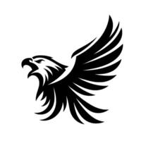 A striking black and white eagle , angled upward, wings spread wide, and beak open, symbolizing strength and freedom, set against white. vector