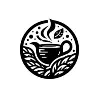 Stylized, minimalist black and white circular illustration of a teapot steaming with tea leaves inside, encircled by a leaf . vector