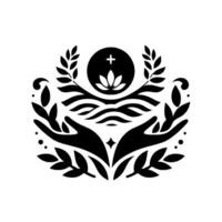 Symbolic Black White Emblem Open Hands Embracing a Cross, Lotus, Branches, and Wavy Lines, Representing Faith and Nature. vector