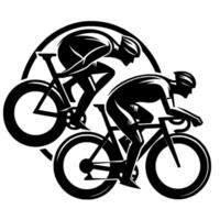 Dynamic Monochrome of Two Cyclists in Intense Race, Featuring Streamlined Bikes and Aerodynamic Poses Within a Circular . vector