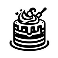 A stylized black and white illustration of a layered cake with whipped cream, cherries, and a knife, with a dripping frosting effect. vector