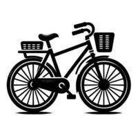Stylized black and white illustration of a classic bicycle with front and rear baskets on a white background, evoking simplicity. vector
