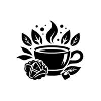Monochrome Steaming Cup of Tea, Surrounded by Leaves and a Delicate Floral Accoutrement, Evoking Tranquility vector