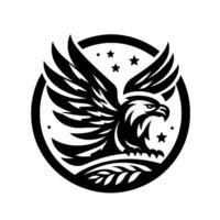 A bold, monochrome eagle emblem within a circular frame, featuring stars and olive branches, embodying strength and patriotism. vector