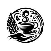 Abstract black and white emblem showcasing a steaming coffee cup held in stylized hands, surrounded by organic floral elements within a circular frame. vector