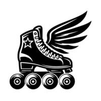 Stylized Black and White Illustration of a Roller Skate with Wings, Star, and Retro Element. vector