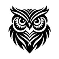 Intricate Black and White of a Stylized Owl with Detailed Striped Feathers and Piercing Eyes Against a Plain White Backdrop. vector