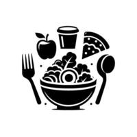 Monochrome Food Illustration Bowl of Salad, Apple, Pizza, Yogurt, Spoon, Fork, in a Dietary Composition, Isolated on White vector