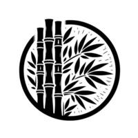 Minimalist Black and White Bamboo Three Stems, Leafy Branches, Inside a Circular Frame on White Background. vector