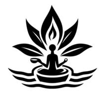 Serene Silhouette Meditation Figure within a Lotus Bloom,Symbolizing Enlightenment and Inner Peace, Black White. vector