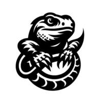 Bold Black and White Stylized Lizard or Dragon , with Sharp Claws and a Decorative Tail Circle on a Plain Background. vector