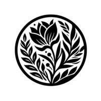 Intricate Black and White Floral Mandala Stylized Botanical in a Circular Frame with Leaves, Berries, and a Central Flower Motif. vector