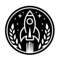 Monochrome rocket emblem within a circle, surrounded by stars and wheatlike sprigs, symbolizes space exploration and growth. vector
