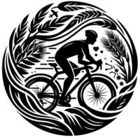 Cyclist in silhouette surrounded by wheat, leaves, and a plane , enclosed in a circular with a heart symbol. vector