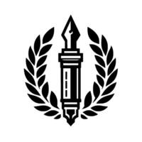 A Bold Monochrome Emblem Elegant Fountain Pen Centered in Laurel Wreath, Symbolic of Writing, Knowledge, and Achievement. vector