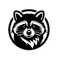 A stylized, monochromatic illustration of a raccoons face inside a black circular frame, conveying a playful, clean aesthetic for . vector