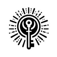 A stark black and white minimalist illustration of a key symbol framed within a sunburst circle, suggesting secrets. vector
