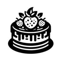 Monochromatic illustration of a tiered cake with strawberry topping, leaves, and dripping icing, sitting on a cake stand. vector