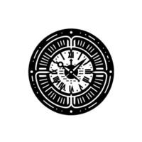 A stark, symmetrical black and white illustration of a classic analog clock face with Roman numerals, intricate details, and a modern circular . vector