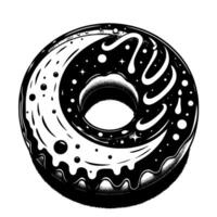 A stylized black and white illustration of a donut, with a whimsical, cosmicinspired featuring glossy textures and a vibrant frosting pattern. vector