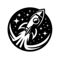Stylized black and white of a rocket ship blasting off against a starry night in a circular frame. vector