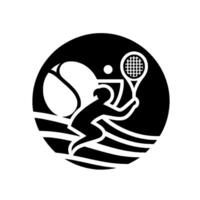 Black and white tennis emblem with player silhouette, ball, racket, lines, and a , circular composition. vector