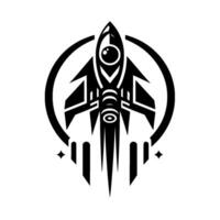 A stylized, symmetrical black and white spaceship emblem enclosed in a circular border, ready for takeoff. vector