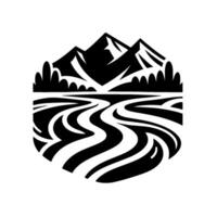 Monochromatic, stylized mountain scene with winding river, forests, and peaks, contained within a rounded frame, highlighting a minimalist, natureinspired . vector