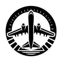 Black and white circular featuring a stylized airplane within a textured ring, representing aviation and travel, and a concept of journey and flight. vector