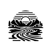 Black and white stylized mountain landscape with sun, river, and trees, featuring clean lines and geometric shapes. vector