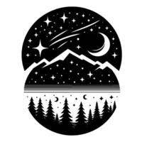 Circular Black and White Illustration of Mountain Range Beneath a Starry Night Sky with Crescent Moon and Evergreen Trees vector