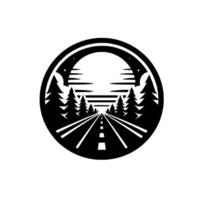 A monochromatic circular emblem featuring a road through a forest with a starry sky and a stylized sun or moon. vector