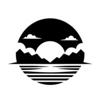 Minimalist black and white mountains, sun and clouds reflected in a lake, contained within a circular frame. vector