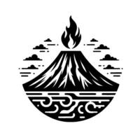 Stylized black and white illustration depicting a volcano erupting with flame, surrounded by clouds and wavy base , creating a circular composition. vector