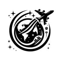 Black and White Emblem Globe with Airplane, Trails, Stars, and Cityscape Symbolizing Global Travel and Connection. vector