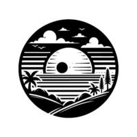 Black and white circular landscape featuring palm trees, a sun setting over a striped sea, clouds, and birds, creating a serene minimalist scene. vector