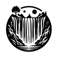 A stylized black and white illustration within a circle, depicting a waterfall cascading into a serene pool, a small figure atop, with tree and mountain silhouette, with celestial bodies. vector